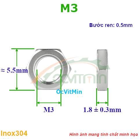 Đai Ốc Lục Giác Mỏng M3 Tán Inox304 - Dai Oc Tan Ecu Luc Giac Mong
