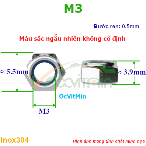 Đai Ốc Keo M3 Tán Inox304 - Dai Oc Tan Ecu Keo