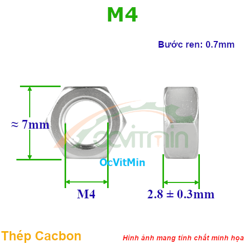 Đai Ốc Lục Giác M4 Tán Thép Mạ - Dai Oc Tan Ecu Luc Giac