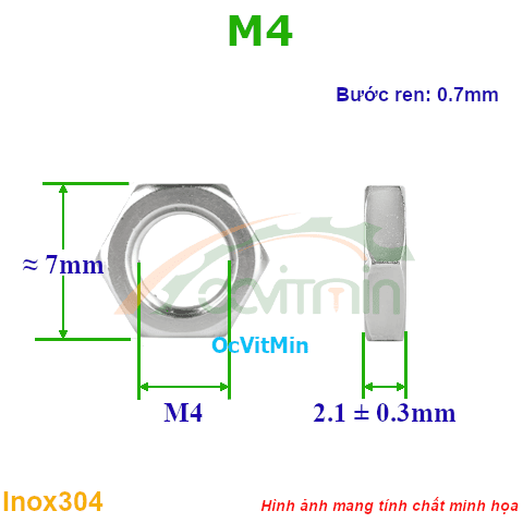 Đai Ốc Lục Giác Mỏng M4 Tán Inox304 - Dai Oc Tan Ecu Luc Giac Mong