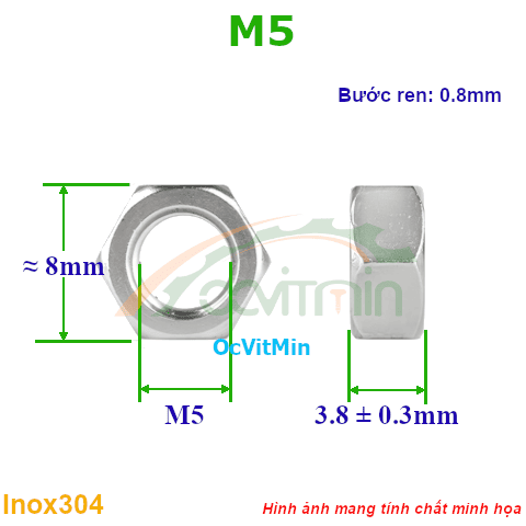 Đai Ốc Lục Giác M5 Tán Inox304 - Dai Oc Tan Ecu Luc Giac