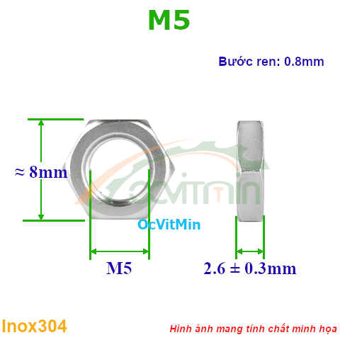 Đai Ốc Lục Giác Mỏng M5 Tán Inox304 - Dai Oc Tan Ecu Luc Giac Mong