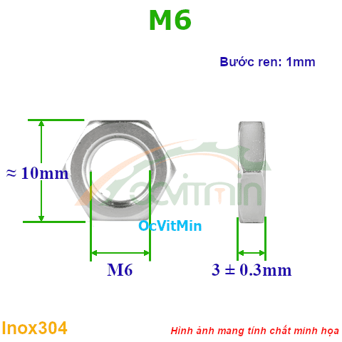 Đai Ốc Lục Giác Mỏng M6 Tán Inox304 - Dai Oc Tan Ecu Luc Giac Mong