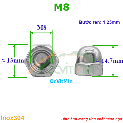 Đai Ốc Chỏm Cầu M8 Tán Bầu Ecu Mũ Inox304 - Dai Oc Chom Cau Tan Bau Ecu Mu