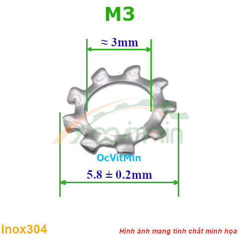 Vòng Đệm Gai Ngoài M3 Inox304 - Vong Dem Long Den Gai