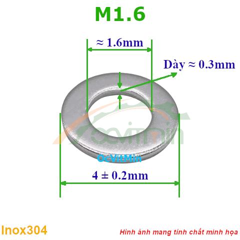 Vòng Đệm Phẳng M1.6*4mm Dày 0.3mm Inox304 - Vong Dem Long Den Phang