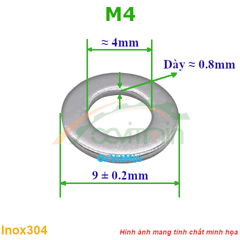 Vòng Đệm Phẳng M4*9mm Dày 0.8mm Inox304 - Vong Dem Long Den Phang