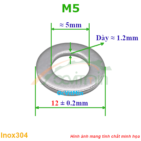 Vòng Đệm Phẳng M5*12mm Dày 1.2mm Inox304 - Vong Dem Long Den Phang