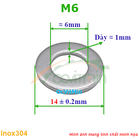Vòng Đệm Phẳng M6*14mm Dày 1mm Inox304 - Vong Dem Long Den Phang