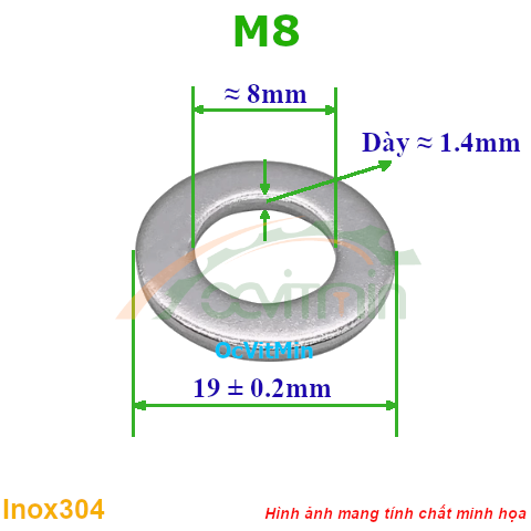 Vòng Đệm Phẳng M8*19mm Dày 1.4mm Inox304 - Vong Dem Long Den Phang