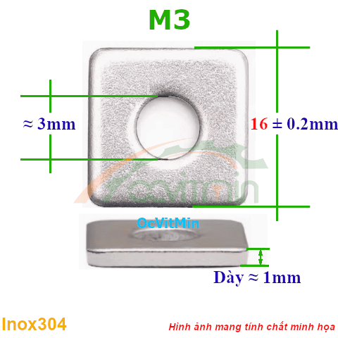 Vòng Đệm Vuông M3*16mm Dày 1mm Inox304 - Vong Dem Long Den Vuong