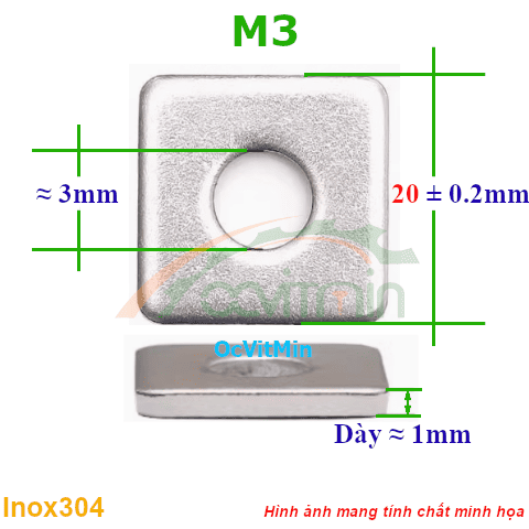 Vòng Đệm Vuông M3*20mm Dày 1mm Inox304 - Vong Dem Long Den Vuong