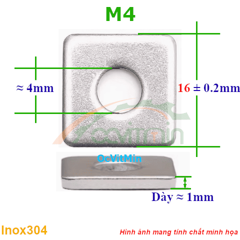 Vòng Đệm Vuông M4*16mm Dày 1mm Inox304 - Vong Dem Long Den Vuong