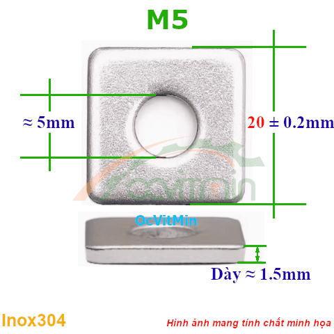 Vòng Đệm Vuông M5*20mm Dày 1.5mm Inox304 - Vong Dem Long Den Vuong