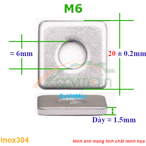 Vòng Đệm Vuông M6*20mm Dày 1.5mm Inox304 - Vong Dem Long Den Vuong