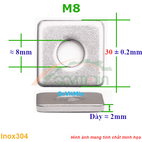 Vòng Đệm Vuông M8*30mm Dày 2mm Inox304 - Vong Dem Long Den Vuong