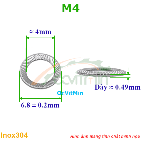 Vòng Đệm Côn M4 Inox304 - Vong Dem Long Den Con