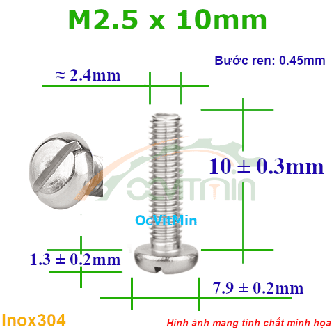 Ốc Đầu Xẻ Rãnh M2.5x10mm Inox304 - Oc Xe Ranh