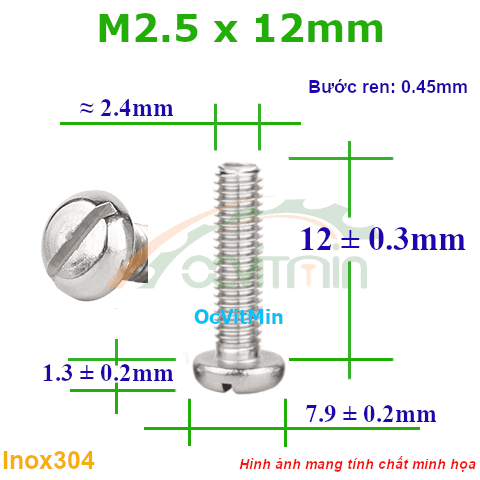 Ốc Đầu Xẻ Rãnh M2.5x12mm Inox304 - Oc Xe Ranh