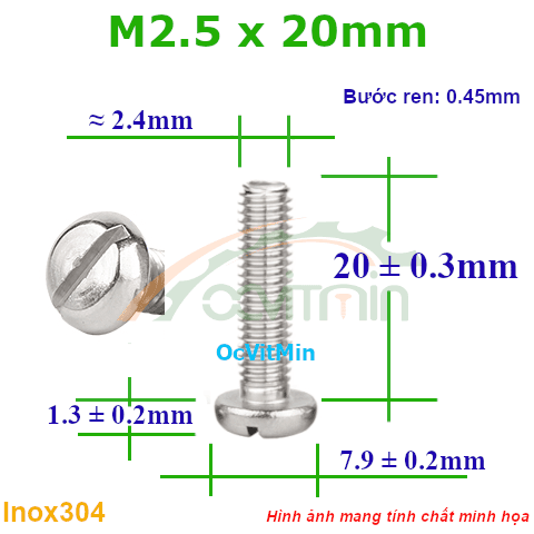 Ốc Đầu Xẻ Rãnh M2.5x20mm Inox304 - Oc Xe Ranh