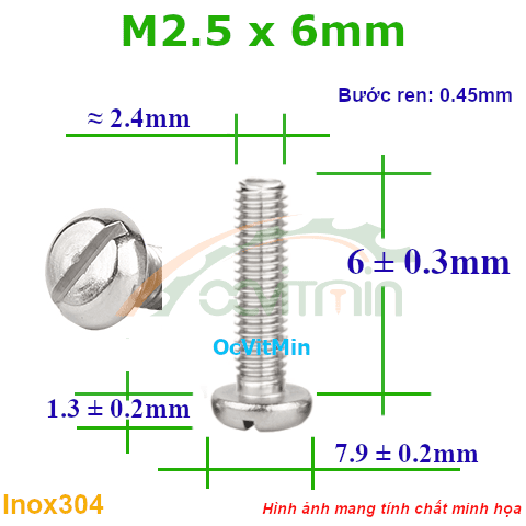 Ốc Đầu Xẻ Rãnh M2.5x6mm Inox304 - Oc Xe Ranh
