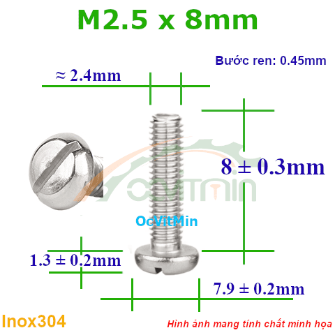 Ốc Đầu Xẻ Rãnh M2.5x8mm Inox304 - Oc Xe Ranh
