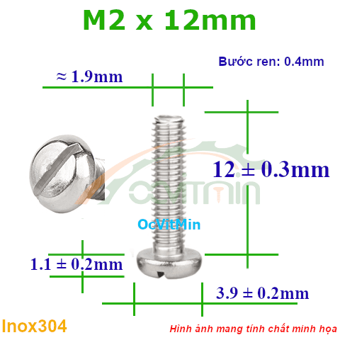 Ốc Đầu Xẻ Rãnh M2x12mm Inox304 - Oc Xe Ranh