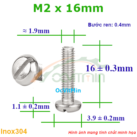 Ốc Đầu Xẻ Rãnh M2x16mm Inox304 - Oc Xe Ranh