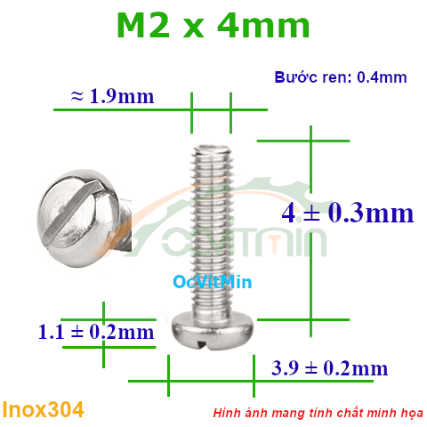Ốc Đầu Xẻ Rãnh M2x4mm Inox304 - Oc Xe Ranh