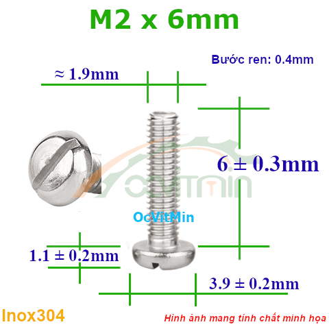 Ốc Đầu Xẻ Rãnh M2x6mm Inox304 - Oc Xe Ranh