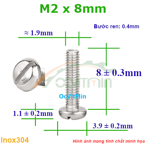 Ốc Đầu Xẻ Rãnh M2x8mm Inox304 - Oc Xe Ranh