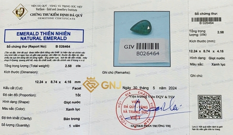 Viên Đá Ngọc Lục Bảo Tự Nhiên 2.58ct — Facet - GNJ
