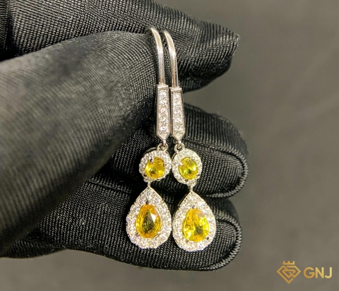 Hoa tai vàng trắng đính đá Sapphire vàng tự nhiên