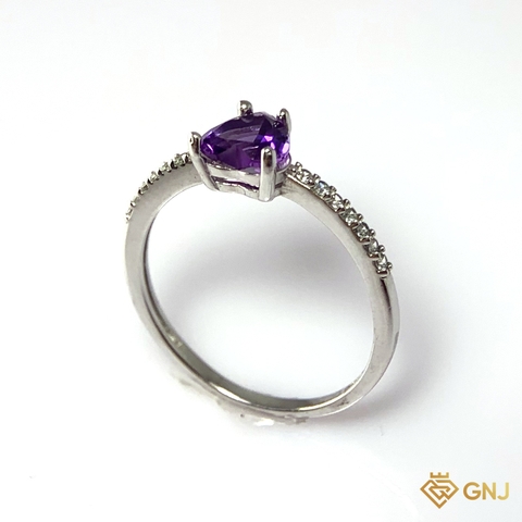 Nhẫn Bạc Xi Vàng Trắng Đính Đá Amethyst Tự Nhiên - GNJ