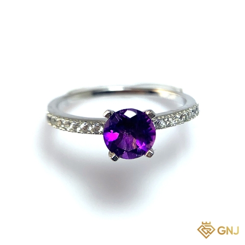 Nhẫn Bạc Xi Vàng Trắng Đính Đá Amethyst Tự Nhiên - GNJ