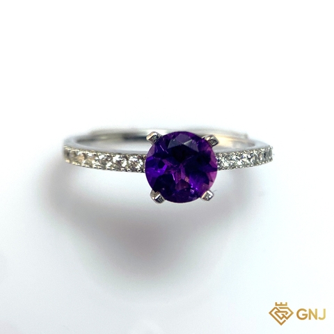Nhẫn Bạc Xi Vàng Trắng Đính Đá Amethyst Tự Nhiên - GNJ