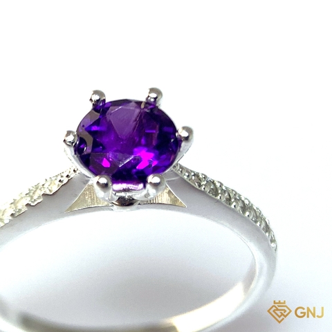 Nhẫn Bạc Xi Vàng Trắng Đính Đá Amethyst Tự Nhiên - GNJ