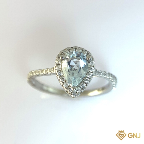 Nhẫn Bạc Xi Vàng Trắng Đính Đá Topaz Xanh Tự Nhiên - GNJ