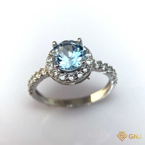 Nhẫn Bạc Xi Vàng Trắng Đính Đá Topaz Xanh Tự Nhiên - GNJ