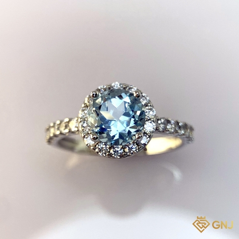 Nhẫn Bạc Xi Vàng Trắng Đính Đá Topaz Xanh Tự Nhiên - GNJ