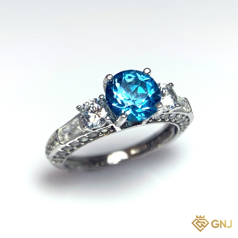 Nhẫn Bạc Xi Vàng Trắng Đính Đá Topaz Xanh Tự Nhiên - GNJ
