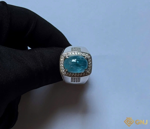 Nhẫn bạc xi vàng trắng đính đá Aquamarine tự nhiên