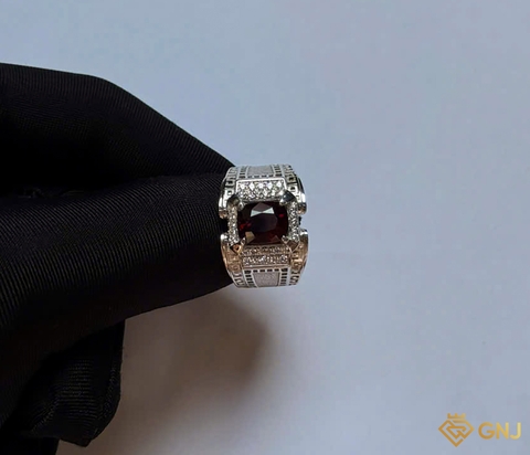 Nhẫn bạc xi vàng trắng đính đá Garnet tự nhiên