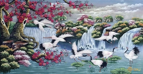 Tranh Đá Quý Đào Hạc Diên Niên Cao Cấp - GNJ