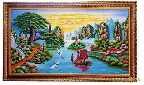 Tranh Đá Quý Thuận Buồm Xuôi Gió, Tùng Ghênh Khách - GNJ