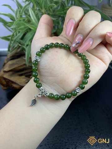 Vòng Tay Ngọc Bích Nephrite Charm Lá Bạc S925 6mm - GNJ