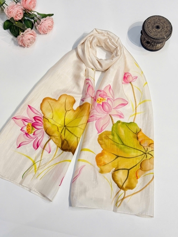 KHĂN LỤA HÀ ĐÔNG VẼ TAY THỦ CÔNG HOA SEN