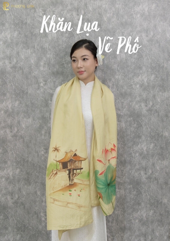 KHĂN LỤA HÀ ĐÔNG VẼ TAY NGHỆ THUẬT HOA SEN QUỐC - CHÙA MỘT CỘT CAO CẤP