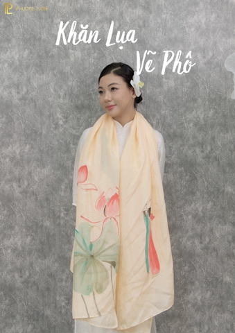 KHĂN LỤA HÀ ĐÔNG VẼ TAY NGHỆ THUẬT HOA SEN QUỐC CAO CẤP
