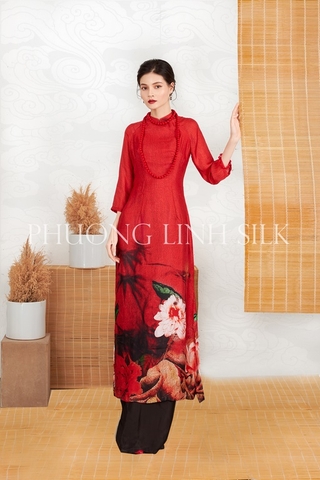 ÁO DÀI THỜI TRANG 4 TÀ MÀU ĐỎ HOA SEN